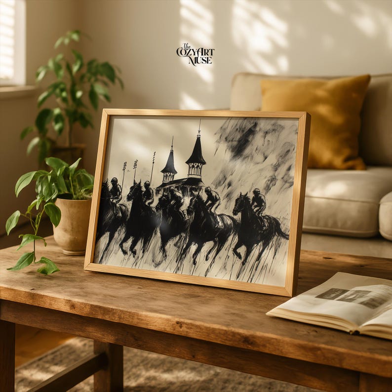 May include: A framed black and white print of a horse race, featuring jockeys on galloping horses. The artwork is in a light wooden frame and is displayed on a wooden table. The print has a vintage aesthetic and includes architectural elements.