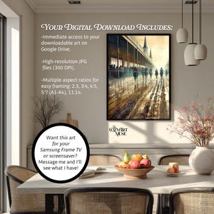 May include: A framed digital art print depicting a rainy day scene with figures on horseback. The artwork is displayed above a dining table with a fruit bowl and vase. Text on the image includes "YOUR DIGITAL DOWNLOAD INCLUDES" and details about the digital art.