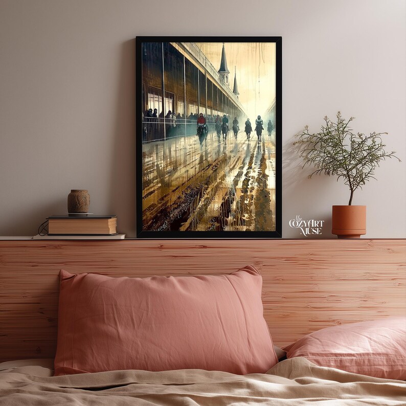 May include: Framed art print depicting a horse race in a wet, outdoor setting. The artwork features a long, covered structure with people watching the race. The track is wet, reflecting the horses and jockeys. The artwork is signed by "The Cozy Art Muse".