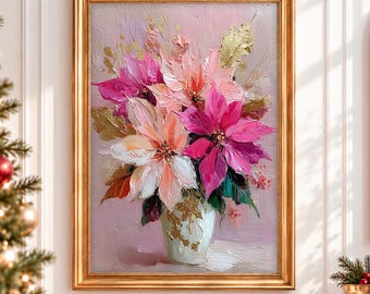 May include: An oil painting in a gold frame depicting a bouquet of pink, white, and magenta poinsettia flowers in a vase with gold leaf accents. The textured impasto style features thick paint strokes on a light pink background with the text The CozyArt Muse.