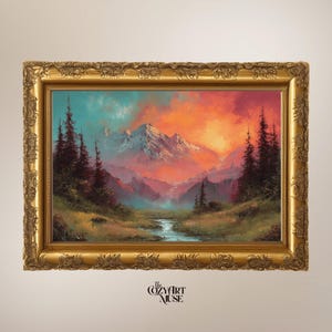Printable Wall Art Bob Ross Style Fall Wall Art Autumn Painting | Mountain Sunset Colorful Landscape Moody Nature Art Digital Download