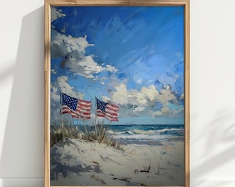 Vintage Americana Beach Print: Coastal American Flag Art (Digital Download