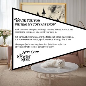 May include: A cozy living room scene with a white cat resting on a marble-topped coffee table. A framed artwork hangs above a pink sofa. The image includes text that reads "Thank you for visiting my cozy art shop!" and "Stay Cozy."