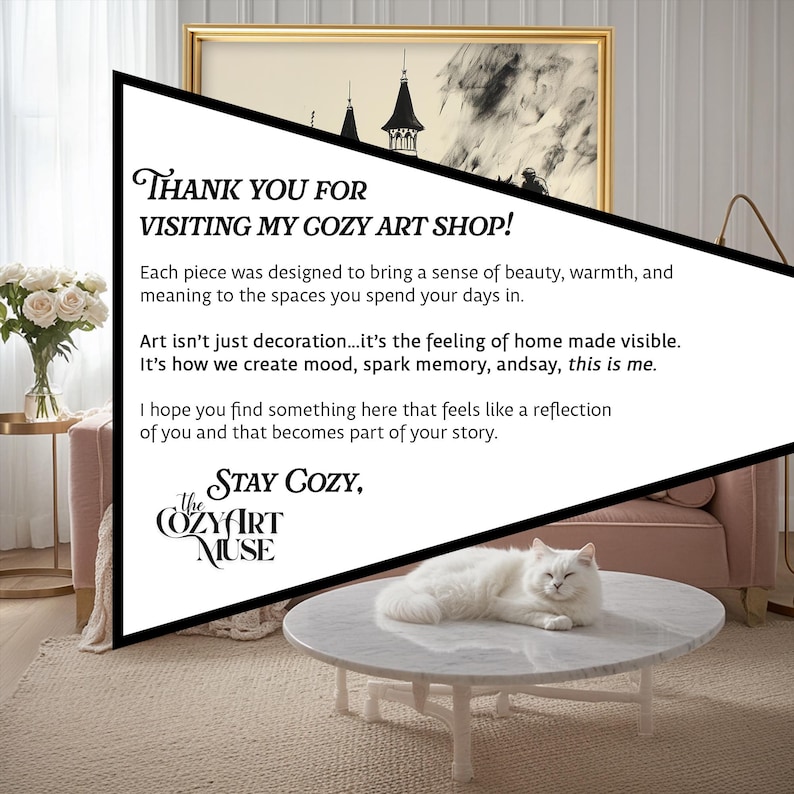 May include: A cozy living room scene with a white cat resting on a marble-topped coffee table. A framed artwork hangs above a pink sofa. The image includes text that reads "Thank you for visiting my cozy art shop!" and "Stay Cozy."