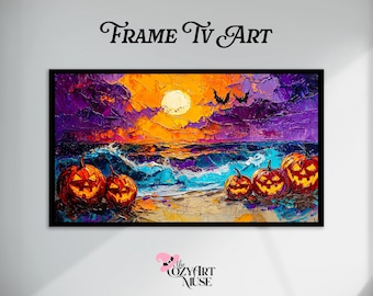 Coastal Halloween Pumpkin Samsung Frame TV Art Download | Palette Knife Digital Art | Tropical Jack-o-Lanterns