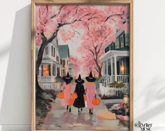 Preppy Pink Halloween Witch Art Print | Pinkoween Printable Wall Art | Girly Y2k Aesthetic Fall Horror Bedroom Poster Digital Download