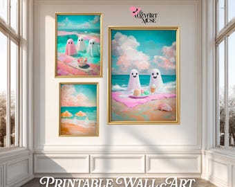 Cute Pastel Beach Ghosts Halloween Wall Print Set of 3: Summerween Aesthetic Printable Wall Art | Slasher Summer | Gallery Wall Bundle