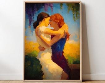 May include: An oil painting in a wooden frame depicting two figures embracing against a blue sky and yellow landscape. One figure wears a white dress, the other a blue dress. The text "The Cozy Art Muse" is printed at the bottom center.