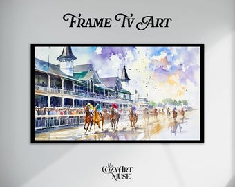 Kentucky Derby Watercolor Frame TV Art, Pastel Churchill Downs Digital Download, Spring Southern Equestrian Decor | 4K Samsung Art