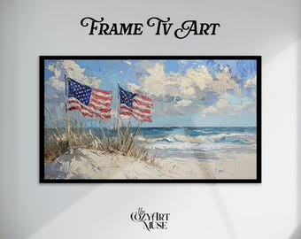 Memorial Day Samsung Frame TV Art | Patriotic Beach Oil Painting | Vintage Flag Landscape | Downloadable Nostalgic Americana Wall Art