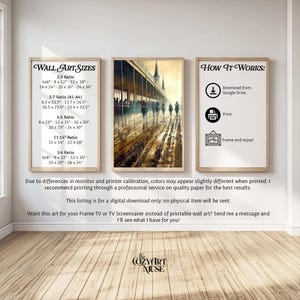 May include: Three framed art prints displayed on a white wall. The central print depicts a watercolor scene of a horse race. The left print lists wall art sizes, and the right print shows instructions: download, print, and frame.
