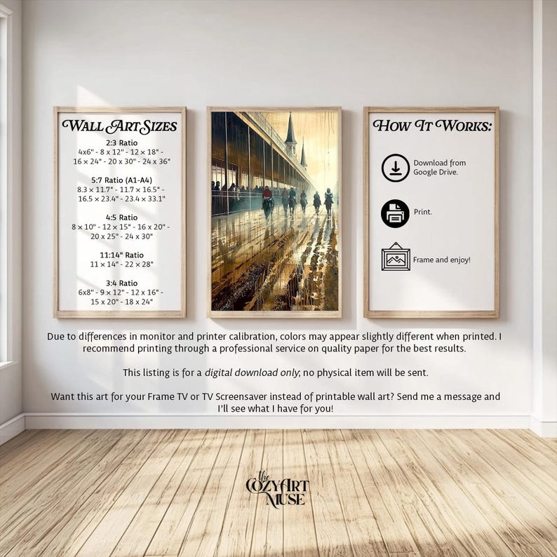 May include: Three framed art prints displayed on a white wall. The central print depicts a watercolor scene of a horse race. The left print lists wall art sizes, and the right print shows instructions: download, print, and frame.