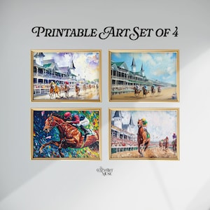 May include: A set of four framed art prints featuring horse racing scenes. Each print showcases a different moment of a race, with jockeys on horseback. The prints are in gold frames and the text "Printable Art Set of 4" is at the top.