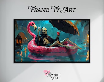 Halloween Samsung Frame TV Art Grim Reaper Pool Scene | Summerween Decor Digital Download | Slasher Summer Flamingo Float | Spooky Artwork