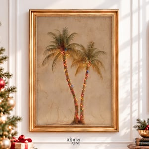 May include: A framed vertical wall art print featuring two palm trees against a textured beige background. The trunks of the palm trees are wrapped in colorful, glowing string lights. The frame is a metallic gold color with a classic profile.
