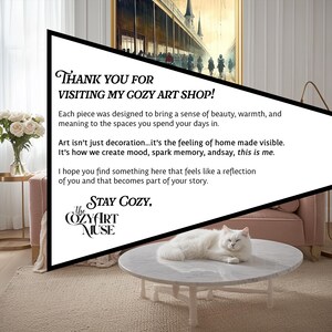 May include: A living room scene featuring a white cat resting on a marble-topped coffee table. A pink sofa and a framed artwork are visible in the background. The image includes text that reads "Thank you for visiting my cozy art shop!"