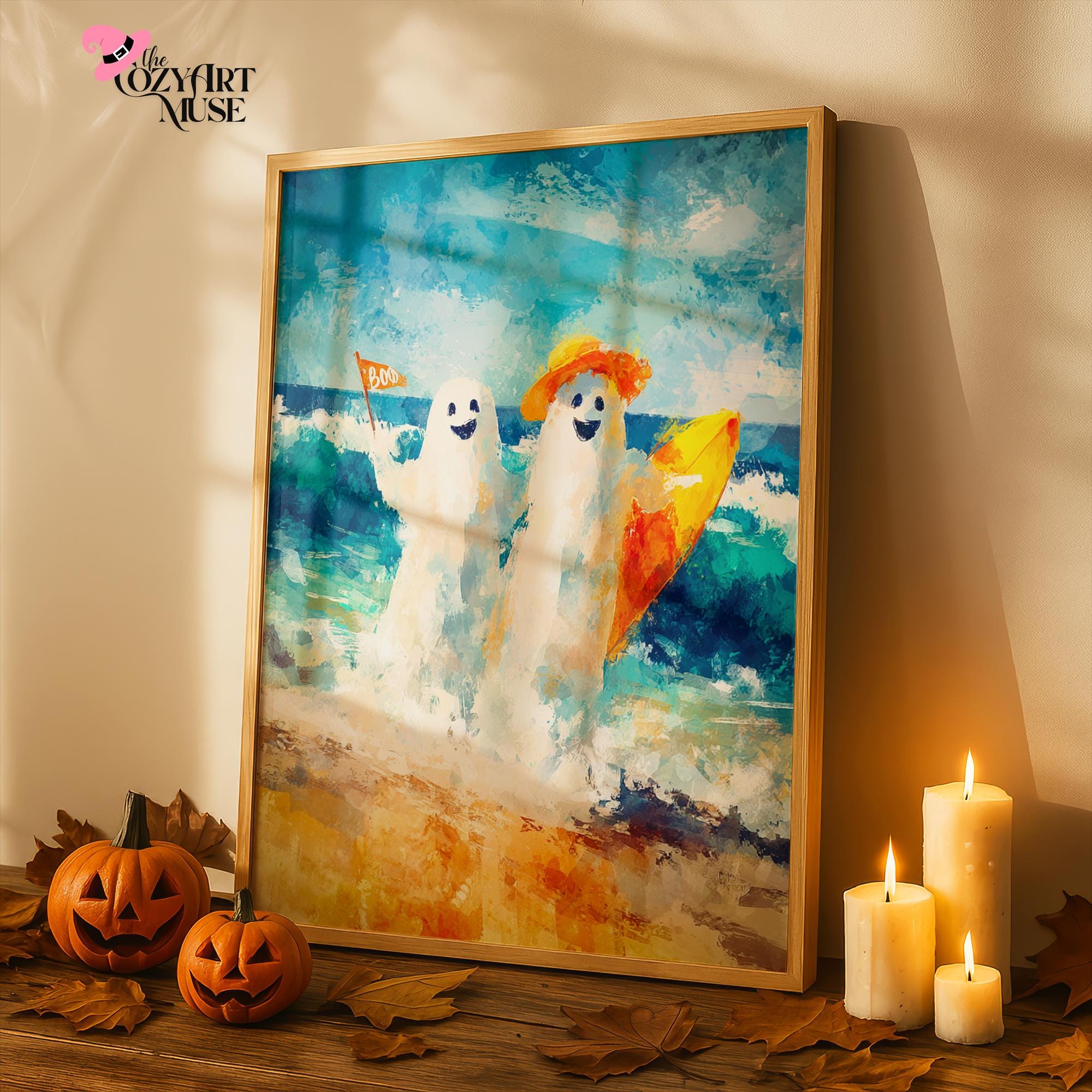 Cute Halloween Art Print: Ghosts on Boo Beach  – Summerween Aesthetic Printable Wall Art Set of 2