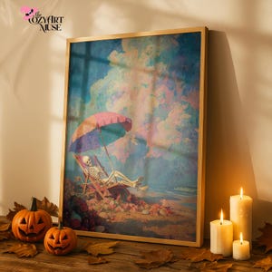 Summerween Skeleton Beach Print: Spooky Goth Halloween Wall Art (Digital Download