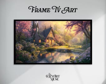 Vintage Thomas Kinkade-Inspired Frame TV Art, Spring Garden Cottage 4k Samsung The Frame TV Cottagecore Digital Artwork, Cozy Romantic View