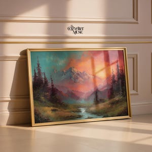Printable Wall Art Bob Ross Style Fall Wall Art Autumn Painting | Mountain Sunset Colorful Landscape Moody Nature Art Digital Download