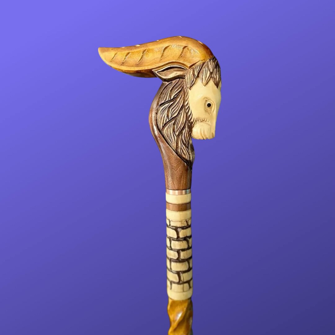 Phrixios Wooden Cane Goat Carved Handle and Staff Wood Walking Stick Hand Carved ...