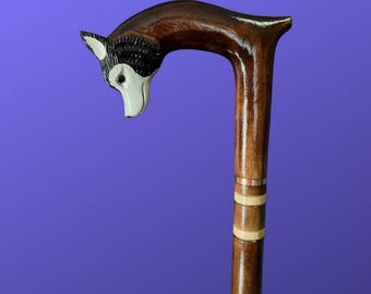 Wolf Cane Wooden Walking Stick Ergonomic Palm Grip Handle Wood Carved Walking Cane for Men Women Comfortable Accessory Husky Walking Cane