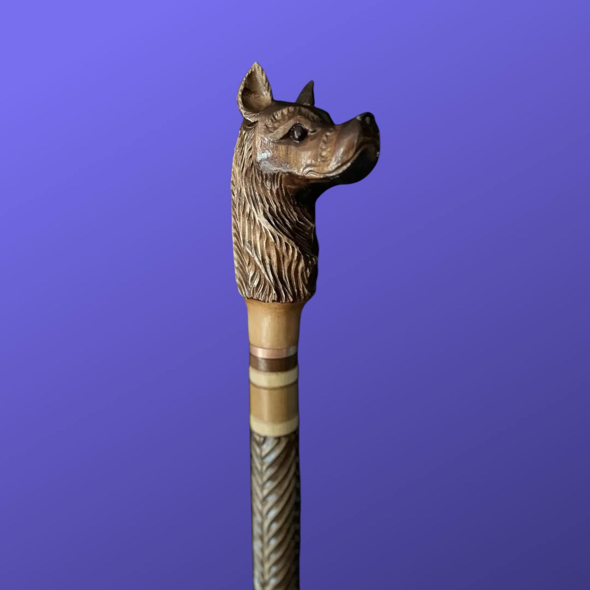 Victorian Cane Wooden Staff Hiking Stick Dog Cane Wooden Cane With Dog Animal Head Handle Dog Carved Walking Stick Gift for Hikers Wood Cane
