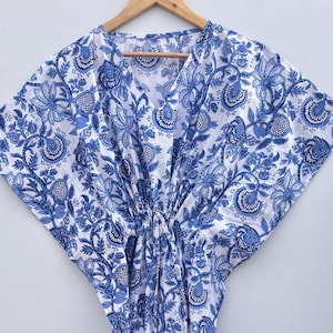 Hand Block Printed Cotton Kaftan | Beach Coverup | Floral Caftan, Short Dress, Indian Print, Boho Summer Fashion Sleepwear, Indian Kaftan