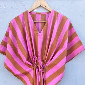 Cotton Kaftan Dress, Pink Brown Stripes, Plus Size Beach Cover Up