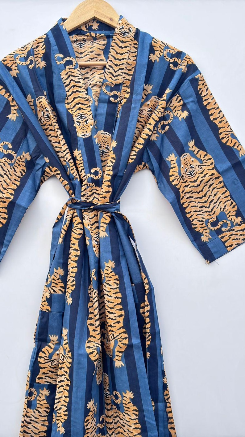 Handmade Cotton Kimono Robe, Tiger Print Nightwear - Etsy