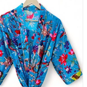Floral Print Cotton Kimono Robe, Women's Lightweight Robe