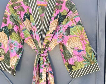 Cotton Kimono Robes Dressing Gown,Block Print Bridesmaid, Summer Nightwear,One Size