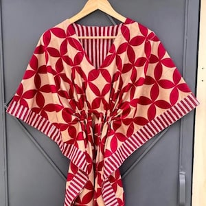 Hand Block Printed Cotton Kaftan | Beach Coverup | Floral Caftan, Short Dress, Indian Print, Boho Summer Fashion Sleepwear, Indian Kaftan