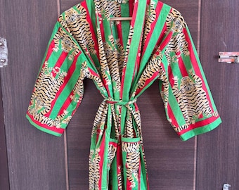 Cotton Kimono Robe Dressing Gown, Block Print Bridesmaid Robe, Summer Nightwear, One Size