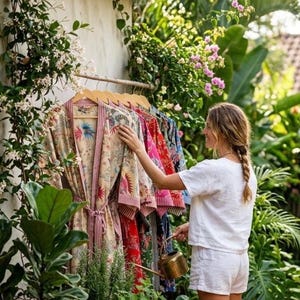 Block Print Cotton Kimono Robe, Boho Floral Dressing Gown, Beach Cover-up