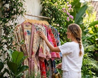 Szlafrok kimono z nadrukiem w bloki bawełniane, narzutka plażowa w kwiaty w stylu boho, bielizna nocna dla druhen