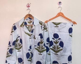 Hand Block Print Baumwolle Pyjama Set: Indische Blumen Nachtwäsche