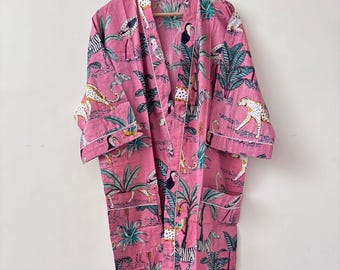 Cotton Kimono Robe, Floral Block Print, Bridesmaid Dressing Gown