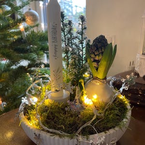 Könnte beinhalten: Eine weiße Keramikschale gefüllt mit Moos, einer Hyazinthenzwiebel und einer weißen Kerze mit dem Text "Happy Birthday!" darauf. Die Schale ist mit einer Lichterkette und silbernen Schneeflocken verziert.