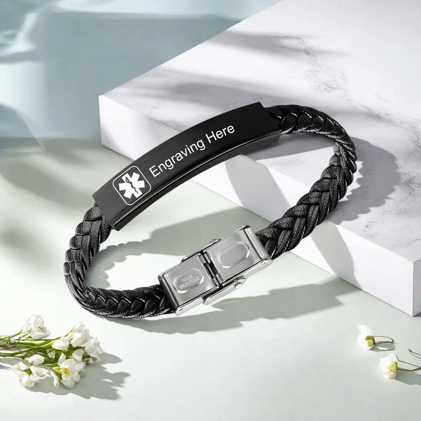Medical ID Armband Aus Leder Für Herren – Personalisierbar Mit Gravur, Edelstahl-Magnetverschluss, Geflochten, Schwarz