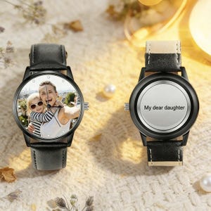 Personalized Engraved Photo Men Wrist Watch, Black Leather Watche for Him, Father's Day,Perfect Anniversary Gift for Husband,dad,boyfriend