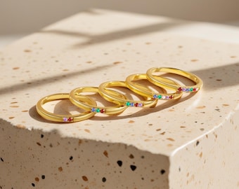 Personalized Birthstone Stack Ring, Minimalist Family Birthstone Jewelry, Stacking Birthstone Band, Mother's Day Gift, Bridesmaid Gift