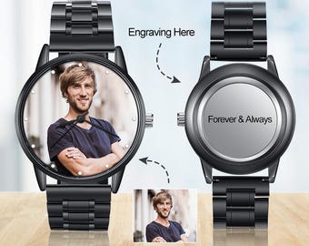 Relojes de pulsera personalizados con foto para hombre, reloj de acero inoxidable negro grabado para él, regalo para el Día del Padre, aniversario para esposo, novio