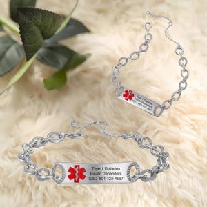 Women’s Personalized Medical Alert Rhedium Plated Bracelet: Double - Engraved ID, Red Logo-ICE,Diabetics & Blood Thinners,epilepsy,