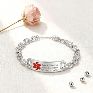 Women’s Personalized Medical Alert Rhedium Plated Bracelet: Double - Engraved ID, Red Logo-ICE,Diabetics & Blood Thinners,epilepsy,