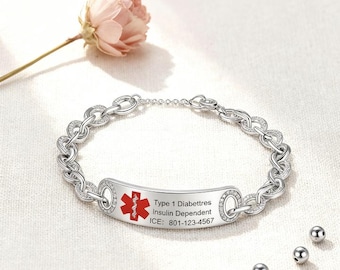 Women’s Personalized Medical Alert Rhedium Plated Bracelet: Double - Engraved ID, Red Logo-ICE,Diabetics & Blood Thinners,epilepsy,