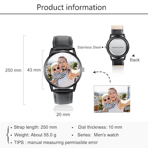 Puede incluir: Reloj de acero inoxidable negro con correa de cuero negro. La esfera del reloj presenta una foto de una mujer y un ni&ntilde;o. La correa mide 25 cm de largo y la esfera 4,3 cm de ancho. El reloj pesa unos 55,0 g.