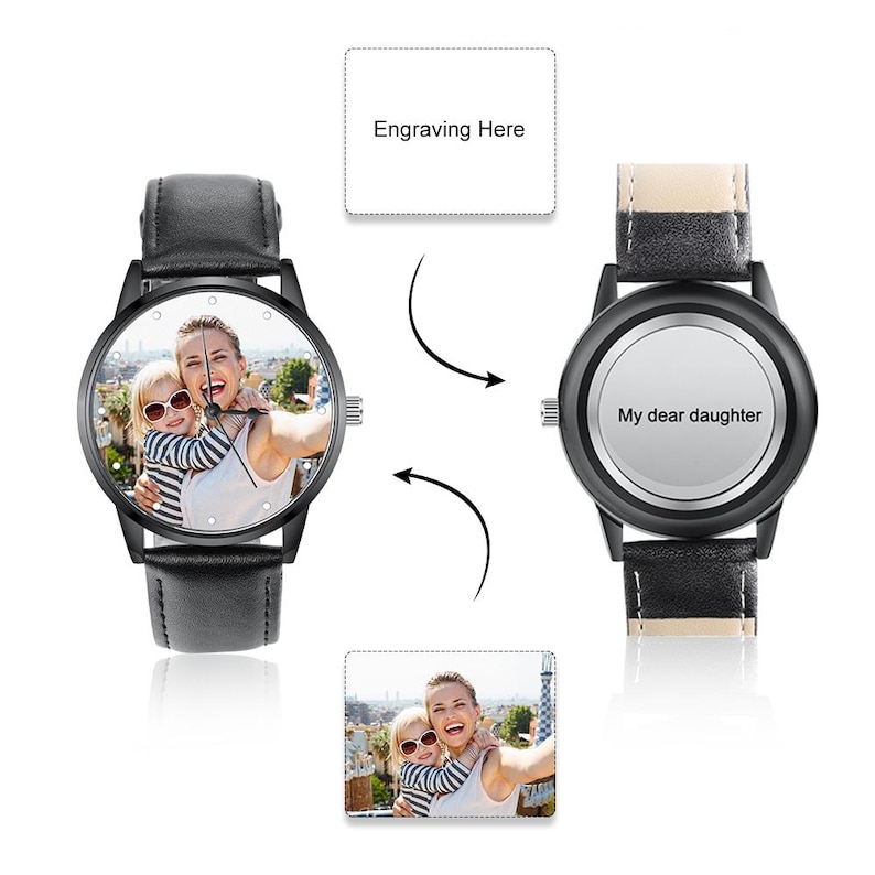 Puede incluir: Reloj de pulsera negro con correa de cuero negro. La esfera del reloj muestra una foto de una mujer y un ni&ntilde;o. La segunda esfera tiene el texto "My dear daughter". La imagen tambi&eacute;n incluye el texto "Engraving Here".