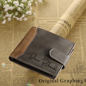 Personalisierte Herren Leder Brieftasche Benutzerdefinierte 1 Text & 1 Foto Brieftasche, gravierte faltbare Brieftasche, Vatertagsgeschenke für ihn, Geschenk für Ehemann, Vater