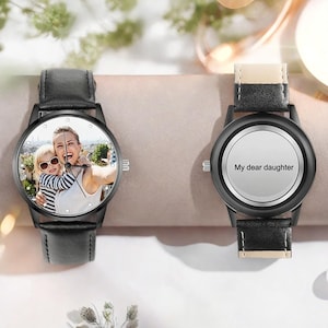 Personalized Engraved Photo Men Wrist Watch, Black Leather Watche for Him, Father&#39;s Day,Perfect Anniversary Gift for Husband,dad,boyfriend